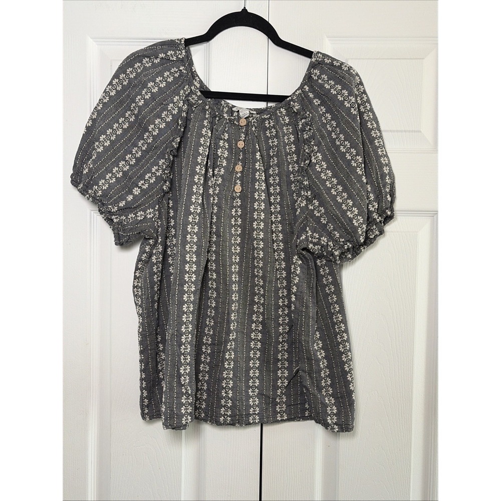 Cato Boho Floral Stripe Blouse Womens Size 18/20W Gray Puff Sleeve Cotton Top